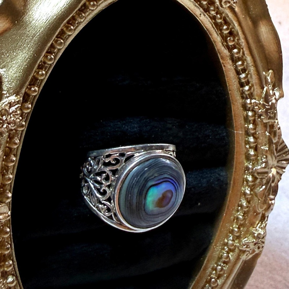 Italian Sterling Silver Abalone Shell Ring Womens Size 6 Filigree 925 Boho